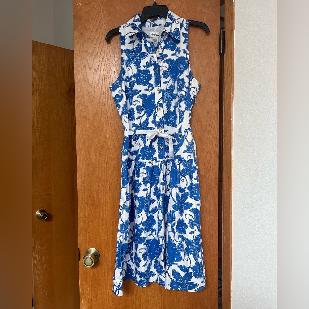 EUC Lilly Pulitzer Campion white label blue white fish shirt dress 10